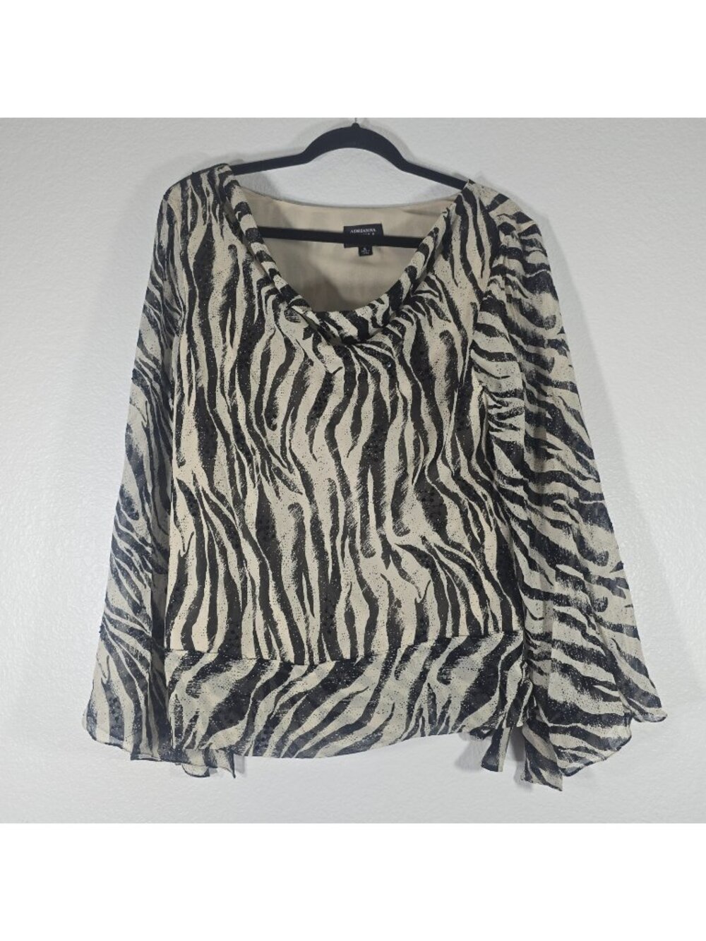 Adrianna Papell Silk Blouse Women XL Zebra Print Cowl Neck Bell Sleeve Beaded